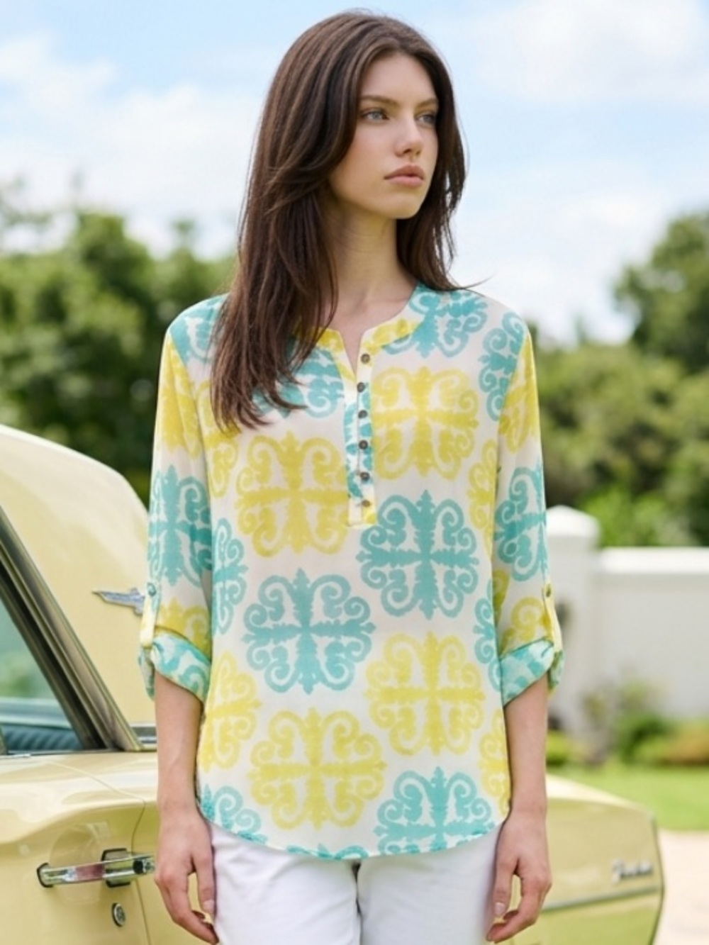 BANANA REPUBLIC MILLY Blouse Top Medallion Sheer Popover Roll Tab Yellow Green